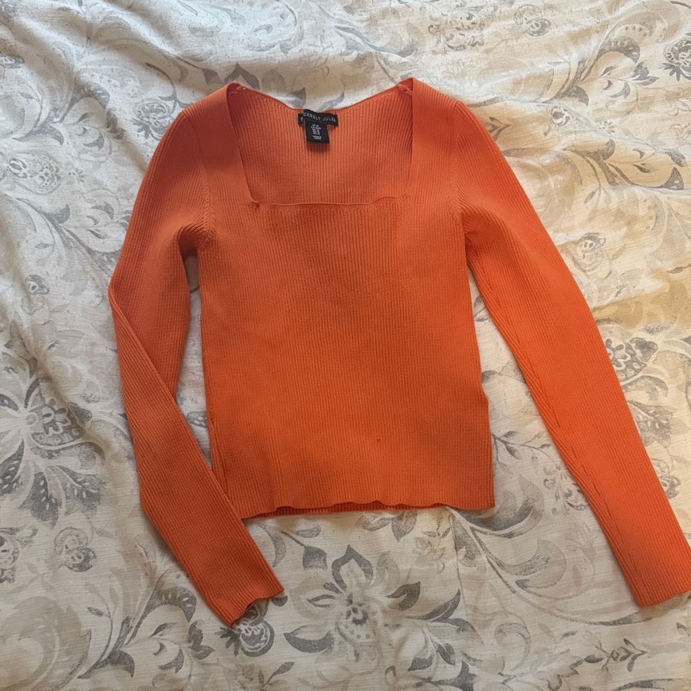 Bright Orange Square-Neck Ribbed Long-Sleeve Top